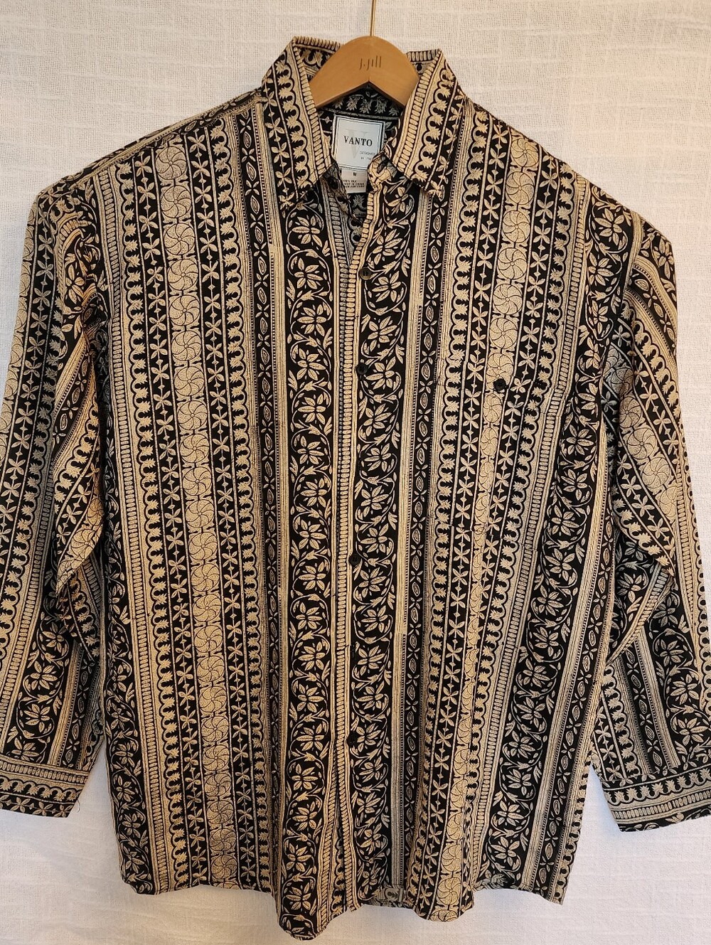 Vanto 100% Silk Mens M L/S  Shirt W/ Intricate Tan/Gold Floral Stripes A449